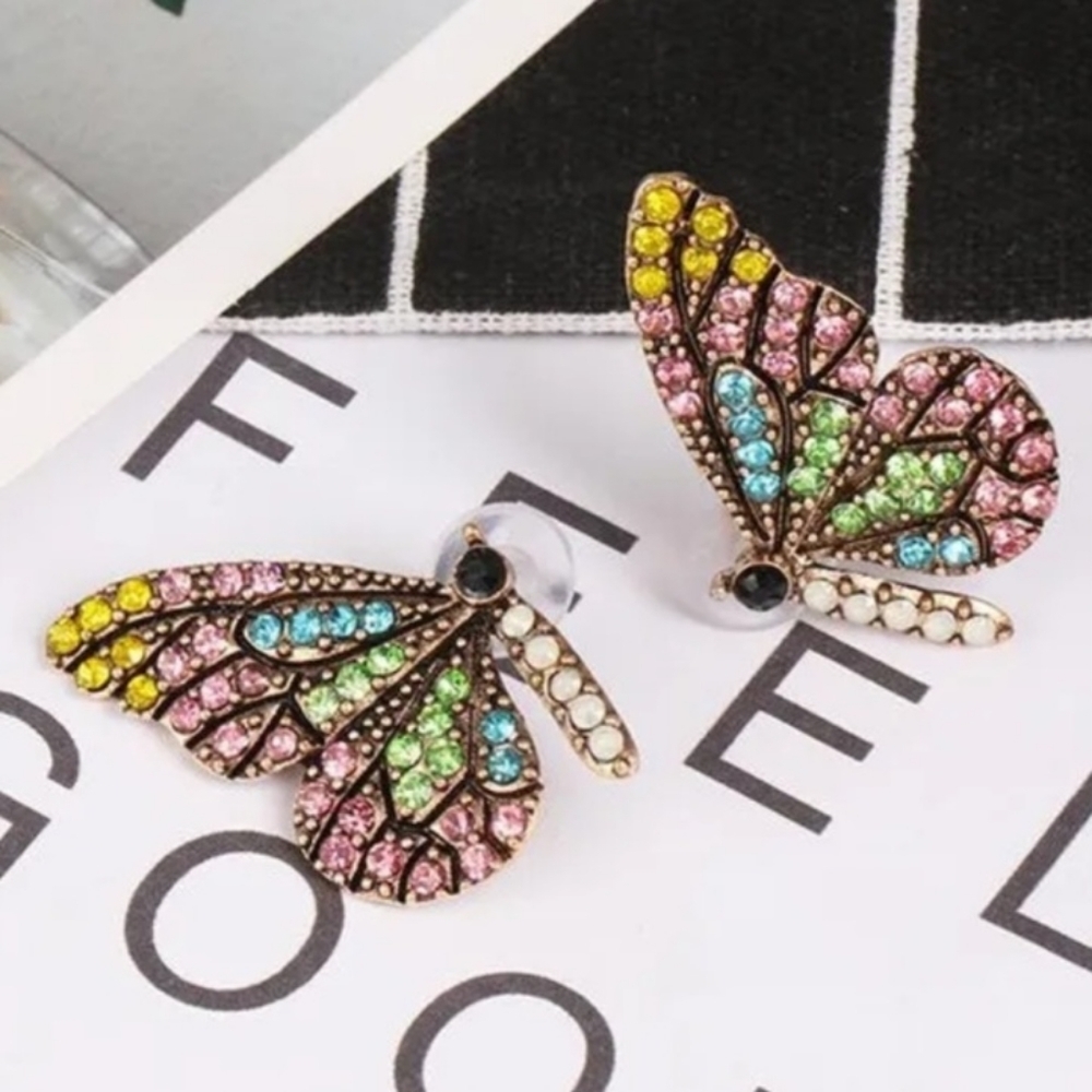 Butterfly Wings Rhinestone Stud Earrings Pastel Multi-color - Picture 7 of 17